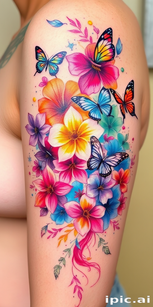 Vibrant watercolor tattoo named "Prismatic Bloom" featuring a cascade of rainbow-hued flowers intertwined with delicate butterflies, flowing seamlessly across the skin with soft edges and translucent overlays