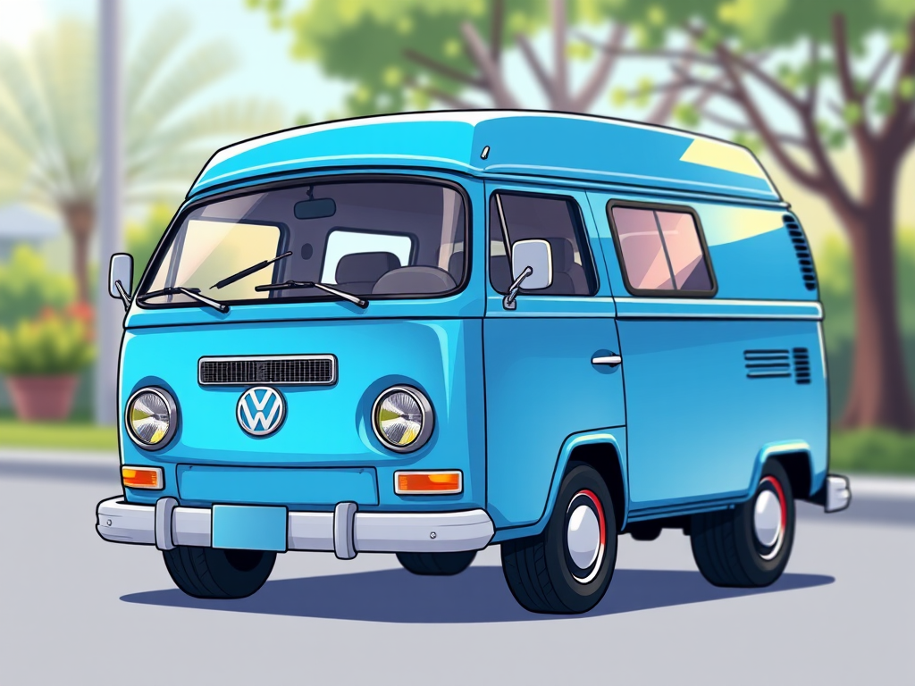 Create a high-resolution illustration of a cartoon-style blue van with vibrant colors, captured using a DSLR camera with a 50mm lens, aperture set to f/1.8 for a shallow depth of field, in a front-left angle view, with soft natural lighting to enhance details and textures.