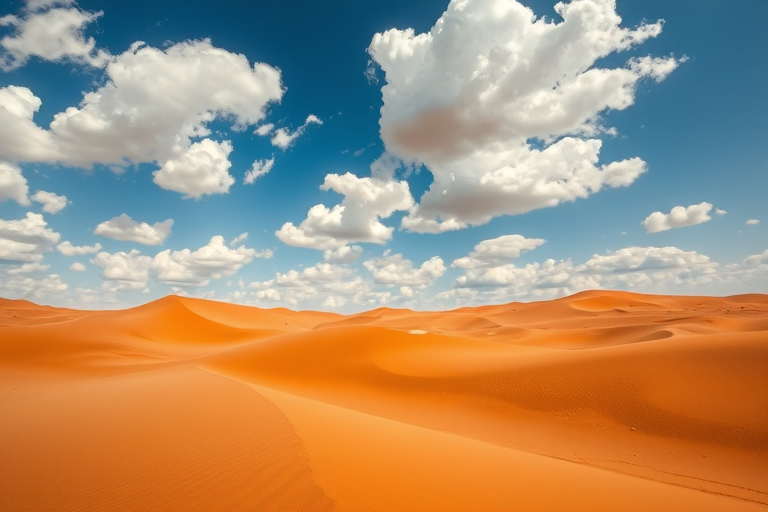 desert landscape with rolling orange sand dunes under a blue sky with fluffy white clouds, wide-angle view, f/8 aperture, ISO 100, 1/250 sec shutter speed, DSLR camera, high dynamic range settings