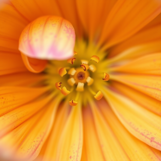 Create a close-up macro photo of a vibrant yellow and pink flower with intricate details, using a DSLR camera with a 100mm macro lens, aperture set to f/2.8, ISO 200, shutter speed 1/250s, with a soft focus background to emphasize the flower's texture and colors.