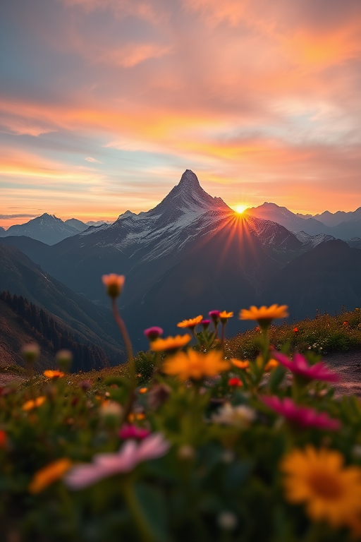 Generate a high-resolution image of a serene mountain landscape at sunrise with a wide-angle lens, f/11 aperture, ISO 100, 1/200 sec shutter speed, captured from a low angle to emphasize the foreground flowers, using a DSLR camera with vibrant colors and sharp detail.