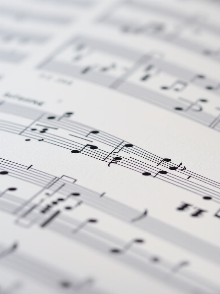 Close-up shot of an open music sheet with intricate notes, natural soft lighting, f/2.8 aperture, 50mm lens, ISO 200, shallow depth of field, DSLR camera, macro view.
