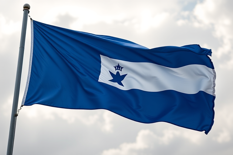 Create an image of the flag of Honduras waving gently in the wind, camera settings: f/8, ISO 100, shutter speed 1/200s, camera view: eye-level, camera style: realistic, camera type: DSLR.