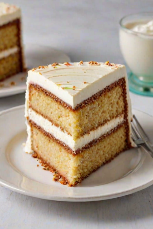 Generate an image of a slice of layered cake with three distinct layers. The cake should have a light yellow sponge base, with thick layers of white frosting in between. The top should be slightly toasted or browned, giving a contrast to the soft texture of the cake. The slice should be presented on a simple white plate.