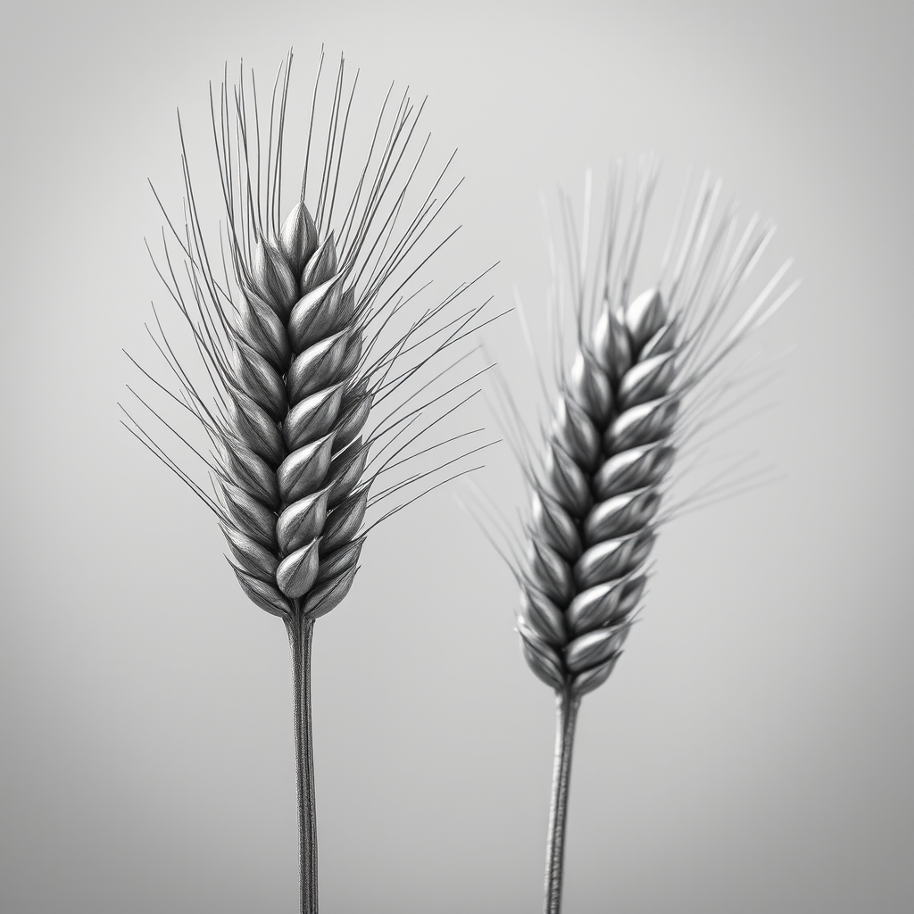 Create a high-resolution image of two stylized wheat stalks rendered in silver against a soft gray background, captured with a Canon EOS R5, 50mm f/1.2 lens, at f/2.8, ISO 100, using a macro photography style to enhance detail and texture.