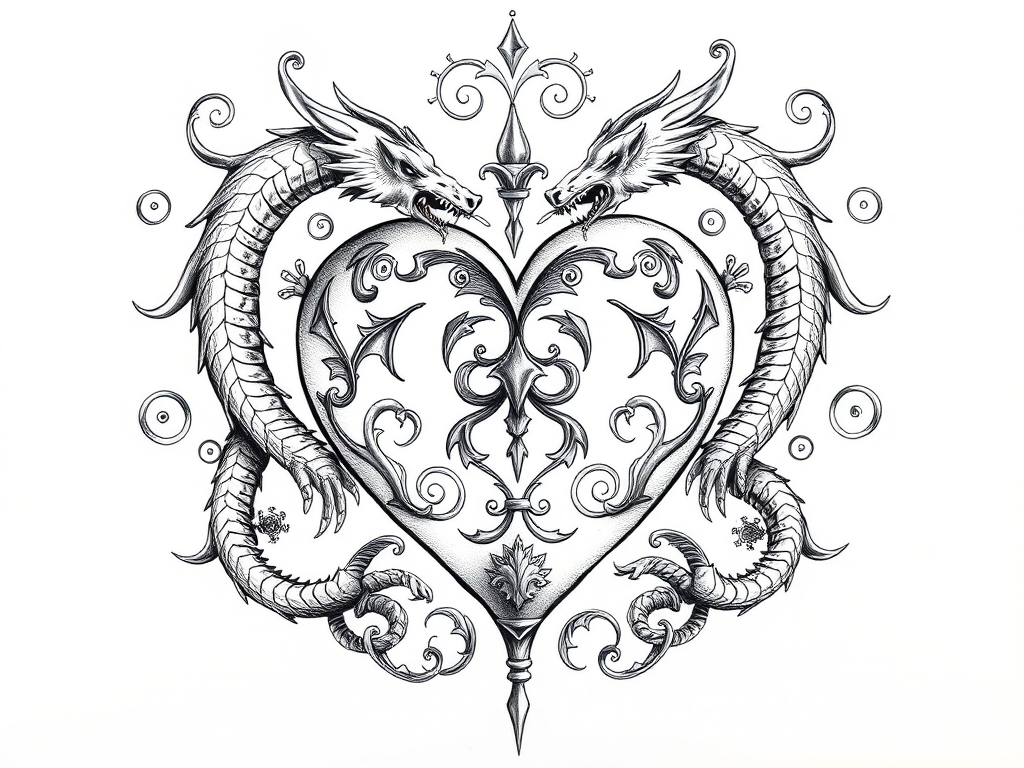 Create a detailed illustration of a heart surrounded by intricate swirls and dragon motifs, captured in high resolution with a DSLR camera set to f/2.8 aperture, ISO 100, and a focal length of 50mm, using a soft focus style to enhance the texture and depth of the design.