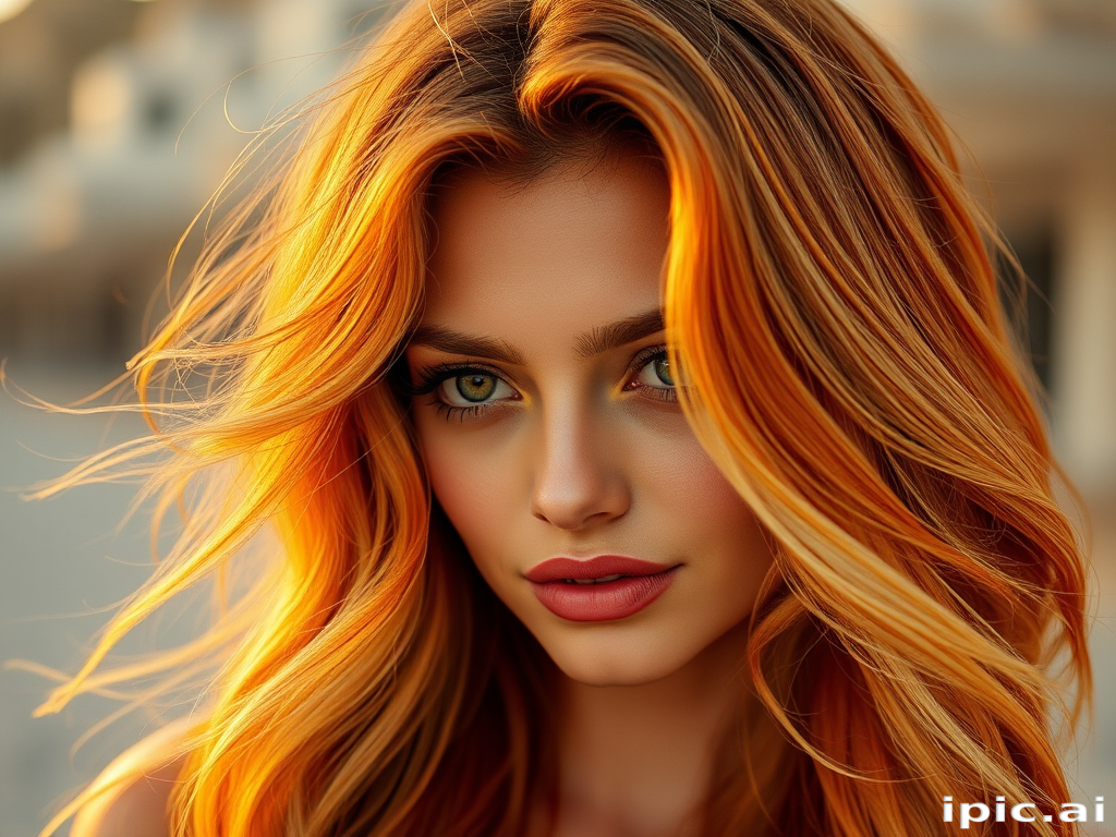 Stunning portrait of a woman with Sunset Ombre hair, flowing from deep orange to pale yellow, styled in loose beach waves cascading over her shoulders, reflecting golden hour light