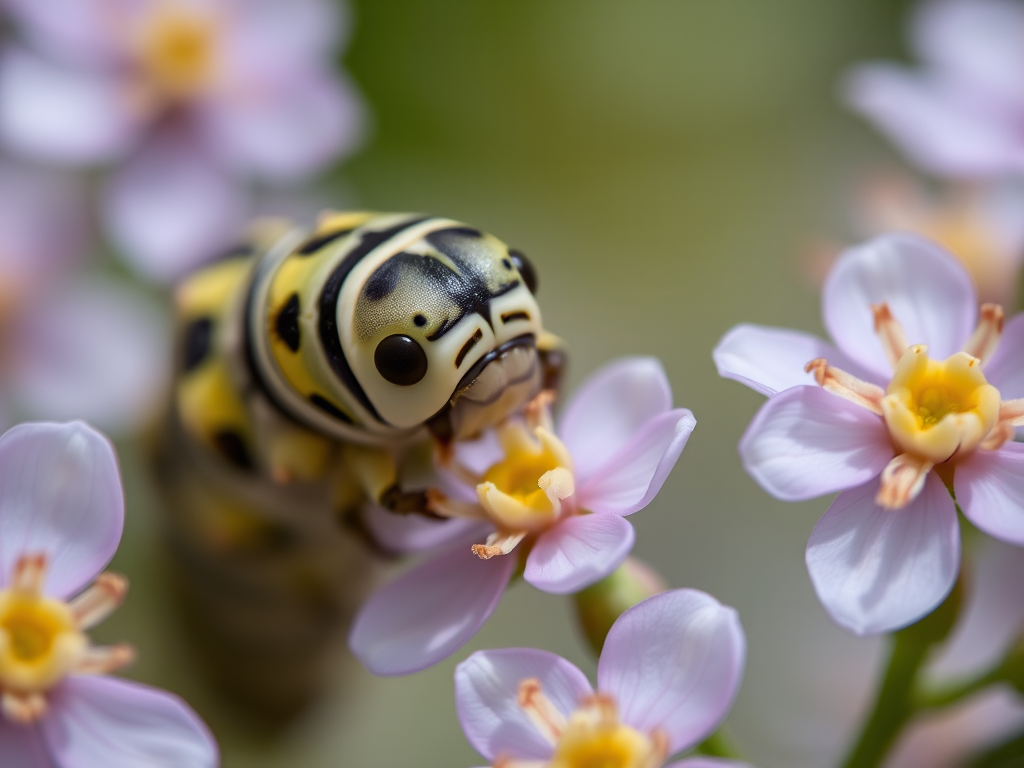 Close-up shot of a caterpillar on flowers, using a macro lens, aperture f/2.8, shutter speed 1/200 sec, ISO 100, natural light, taken with a DSLR camera from a low angle to emphasize details.