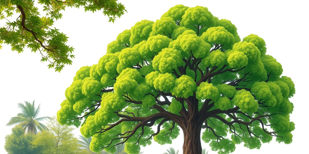 Generate an illustration of a lush green tree with a thick trunk and dense foliage, captured with a DSLR camera at f/8 aperture, 50mm lens, 1/125 sec shutter speed, natural daylight, vibrant colors and high saturation.