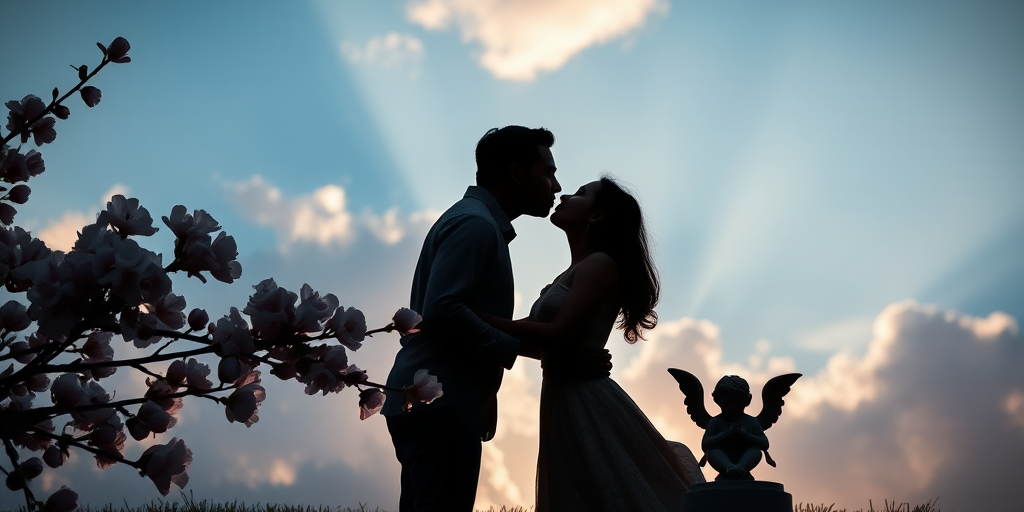 Create an image of a romantic silhouette of a couple kissing against a dreamy sky with clouds, incorporating soft pink cherry blossom branches on one side, a small cherub with a bow on the bottom, using a DSLR camera, focal length of 50mm, aperture set at f/1.8, ISO 100, natural lighting, and a low angle view to enhance depth and detail.