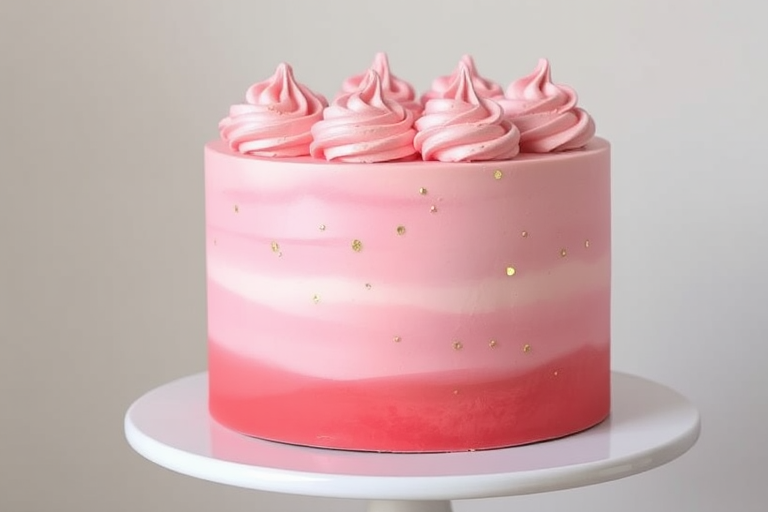 Create an image of a beautifully decorated cake with a gradient pink frosting, topped with pink macarons, swirls of frosting, and edible gold accents, placed on a white cake stand against a neutral background.