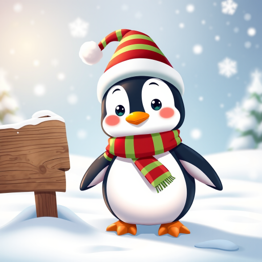 Create a cute cartoon penguin wearing a festive red and green striped hat and scarf, standing in a snowy landscape with falling snowflakes and a wooden sign next to it, captured with a DSLR camera at f/4.0 aperture, 1/250 shutter speed, ISO 200, with a shallow depth of field for background blur, in portrait orientation.