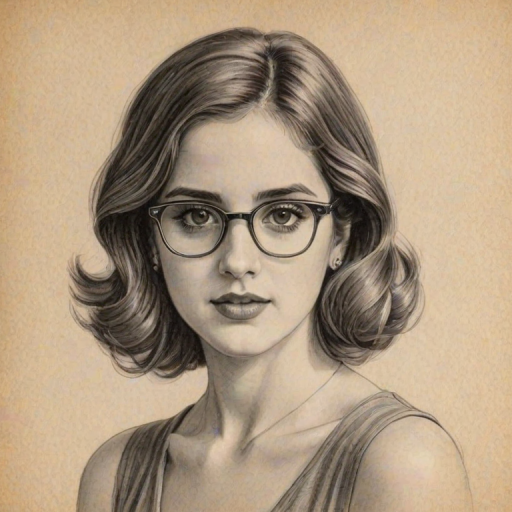 Sublime Laura Marano, pencil sketch, portrait of Appealing woman 1936s in glasses, hair style beatnik, outline, clear lines, fine lines, 8k