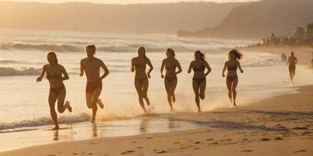 Blurry action shot of a group of friends racing down a sandy beach, soft focus on the waves crashing in the background, golden light from the setting sun casting long shadows.