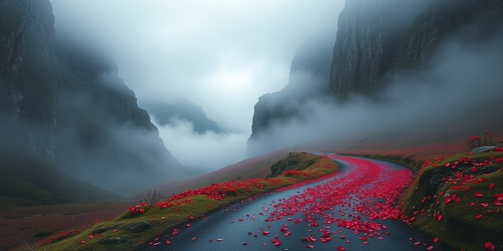 a misty valley with towering cliffs on either side, a winding road covered in vibrant red petals, soft ethereal lighting, deep focus, shot with a Canon EOS R5, ISO 100, f/11, 24mm lens, landscape orientation, high dynamic range