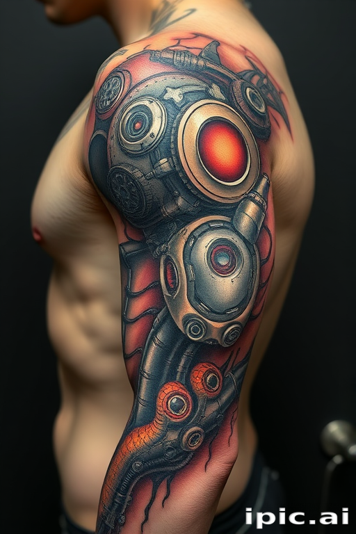 Biomechanical tattoo called "Cyber Genesis" showcasing hyper-realistic mechanical components merging with organic tissue creating the illusion of exposed robotic inner workings beneath the skin