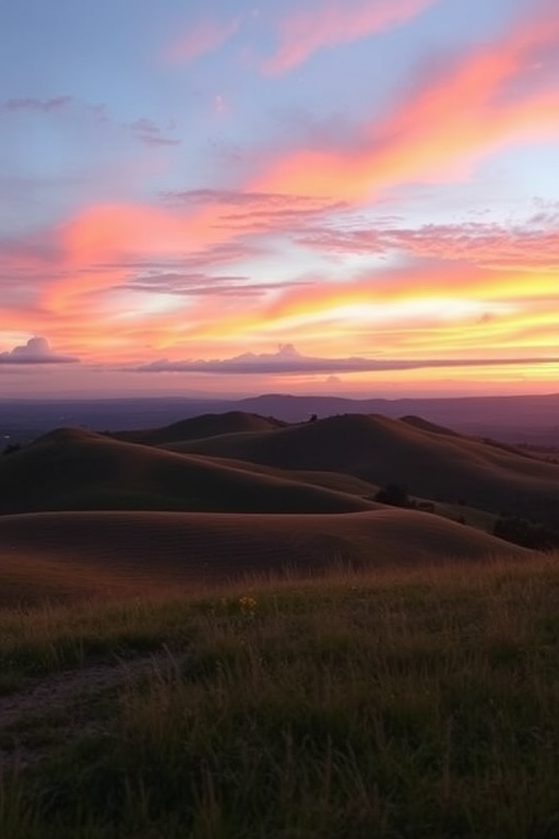 Create an image of a serene landscape featuring rolling hills at sunset with vibrant colors in the sky, captured with a DSLR camera using a 50mm lens, aperture set to f/2.8, ISO 100, and a shutter speed of 1/125 seconds, taken from a low angle perspective to emphasize the foreground.