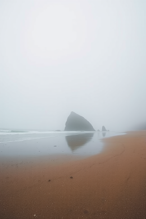 Wide-angle shot of a foggy beach with calm waters and a prominent rock, captured with a DSLR camera at f/8 aperture, ISO 100, 1/200 sec shutter speed, using a polarizing filter for enhanced clarity and color saturation.