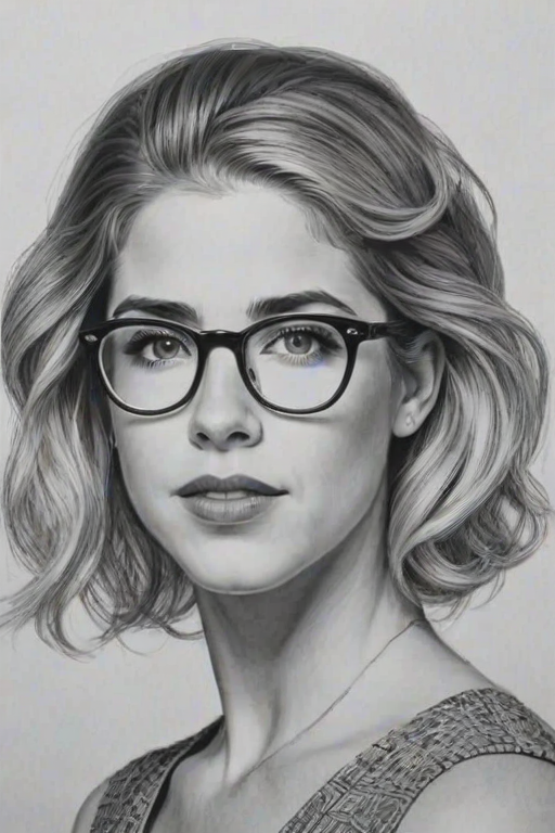 Lovely Emily Bett Rickards, pencil sketch, portrait of Delightful woman 1929s in glasses, hair style beatnik, outline, clear lines, fine lines, 8k