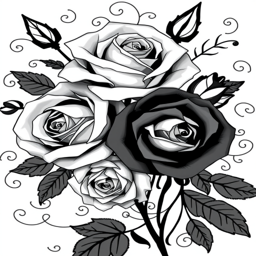 Create a high-resolution illustration of stylized black and white roses with intricate swirling vines and leaves, captured with a DSLR camera at f/2.8 aperture, ISO 100, 50mm lens, using macro photography for enhanced detail and clarity.