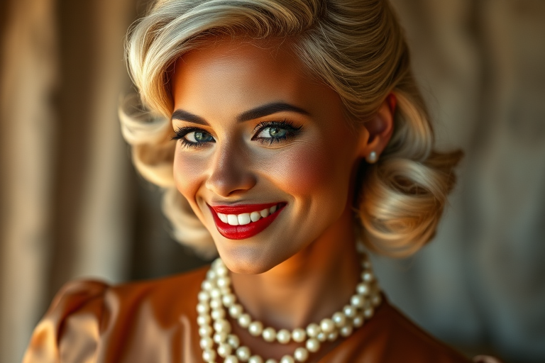 A beautiful Zulu woman reminiscent of 1950s Hollywood glamour, with perfectly styled blonde hair and a seductive smile, dressed in a satin blouse and adorned with pearls, soft and warm tones, photorealistic, 8K