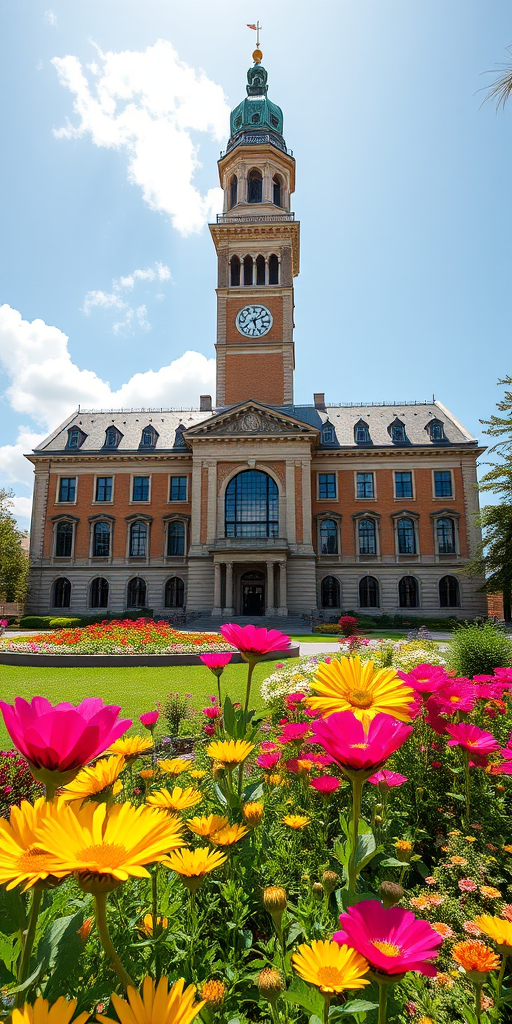 Regenerate an image of a grand historical building with a tall clock tower, surrounded by vibrant flower beds on a sunny day, using a DSLR camera with a 24mm lens, f/8 aperture, ISO 100, and a low-angle view to capture the foreground flowers in detail.