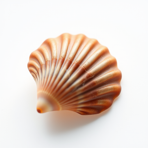 close-up of a brown scallop shell on a white background, macro lens, aperture f/8, ISO 100, 50mm lens, natural lighting, high-resolution image