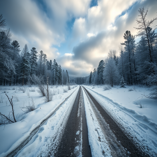 Create an atmospheric winter landscape photo featuring a snowy path in a forest with dramatic clouds, captured with a DSLR camera, 24mm lens, f/11 aperture, ISO 100, in natural light, using a low angle view to emphasize the leading lines of the track.