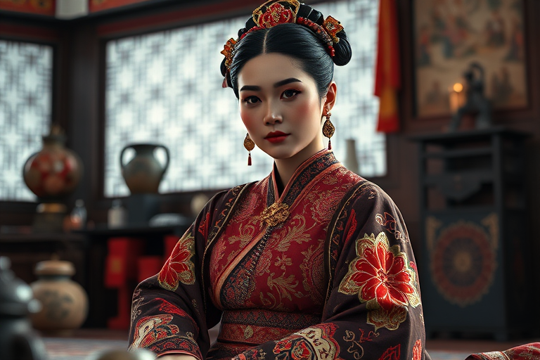 A beautiful Inuit woman in traditional East Asian attire, intricately detailed with embroidered patterns, sitting gracefully in a richly decorated room, soft ambient lighting, serene and elegant, ultra-realistic, 8K resolution