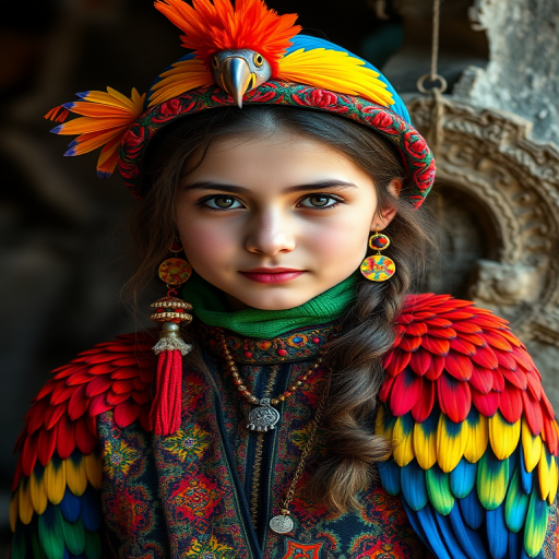 A beautiful Turkish girl, wearing colorful bird clothing with vibrant colors