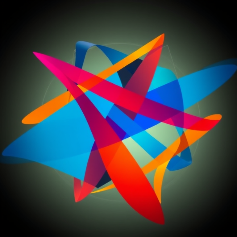 Create an abstract design with geometric shapes and intertwining lines, using vibrant colors in a high-resolution format, shot with a DSLR camera at an aperture of f/8, ISO 100, 24mm lens, in landscape orientation, utilizing a shallow depth of field for enhanced clarity.
