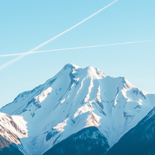 capture a high-resolution image of a snow-capped mountain under a clear sky with a contrail, using a DSLR camera, 50mm lens, aperture set to f/8, ISO 100, shutter speed 1/200s, in early morning light for enhanced clarity and detail