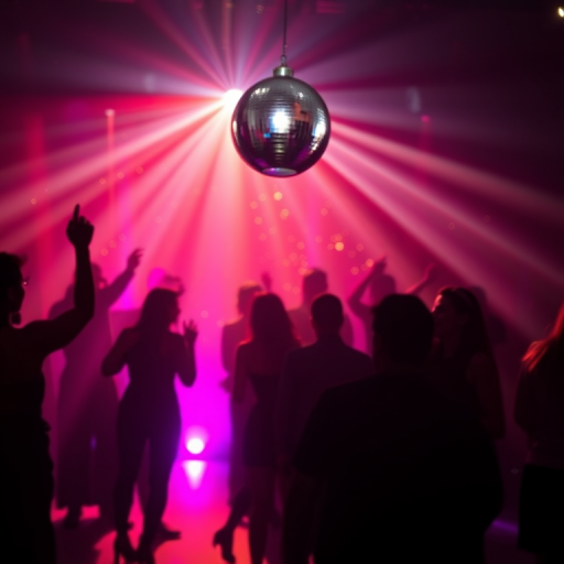 Generate an image of a silhouette dance party scene with a disco ball and sparkling lights, using a DSLR camera with a 50mm lens, aperture f/1.8, exposure time 1/100 sec, ISO 200, shot from eye level, capture in vibrant colors and high contrast for enhanced detail.
