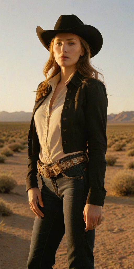 Dramatic photo of a beautiful Western American woman, classic cowboy attire, confident and free spirit expression, half-length portrait, centered, golden hour desert landscape, warm, diffused light, low angle, medium format film camera, in style of Annie Leibovitz.