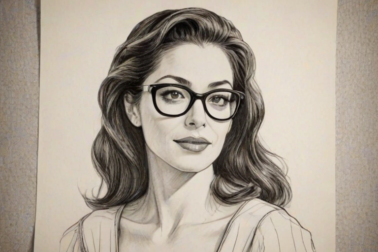 Beauteous Emmanuelle Vaugier, pencil sketch, portrait of Superb woman 1951s in glasses, hair style beatnik, outline, clear lines, fine lines, 8k
