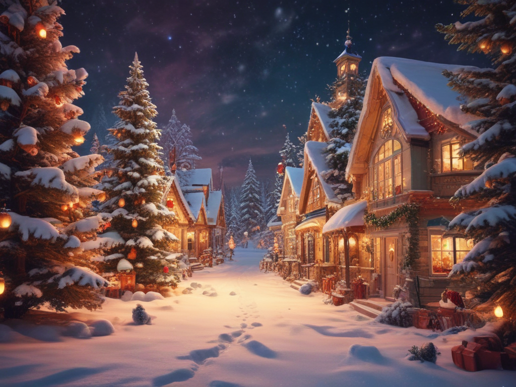 A Cozy Winter Wonderland Scene with Snow-Covered Homes and Twinkling Lights