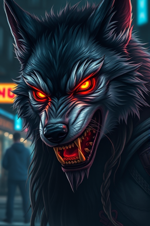 Create a highly detailed digital illustration of a fierce wolf-woman hybrid with glowing orange eyes and a bloodied face, set in a dark urban environment with neon lights, captured with a DSLR camera at f/1.8, ISO 200, 50mm lens, high dynamic range, and vibrant color contrast to enhance the intensity of the scene.