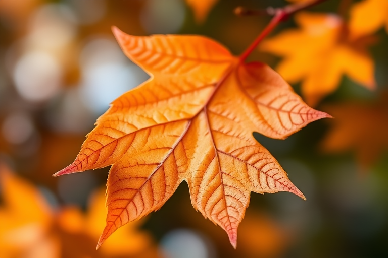Create an image of a vibrant orange maple leaf with intricate vein details, captured with a DSLR camera at f/2.8, ISO 100, 50mm lens, in natural soft lighting, focusing on a shallow depth of field to highlight the leaf against a blurred background.