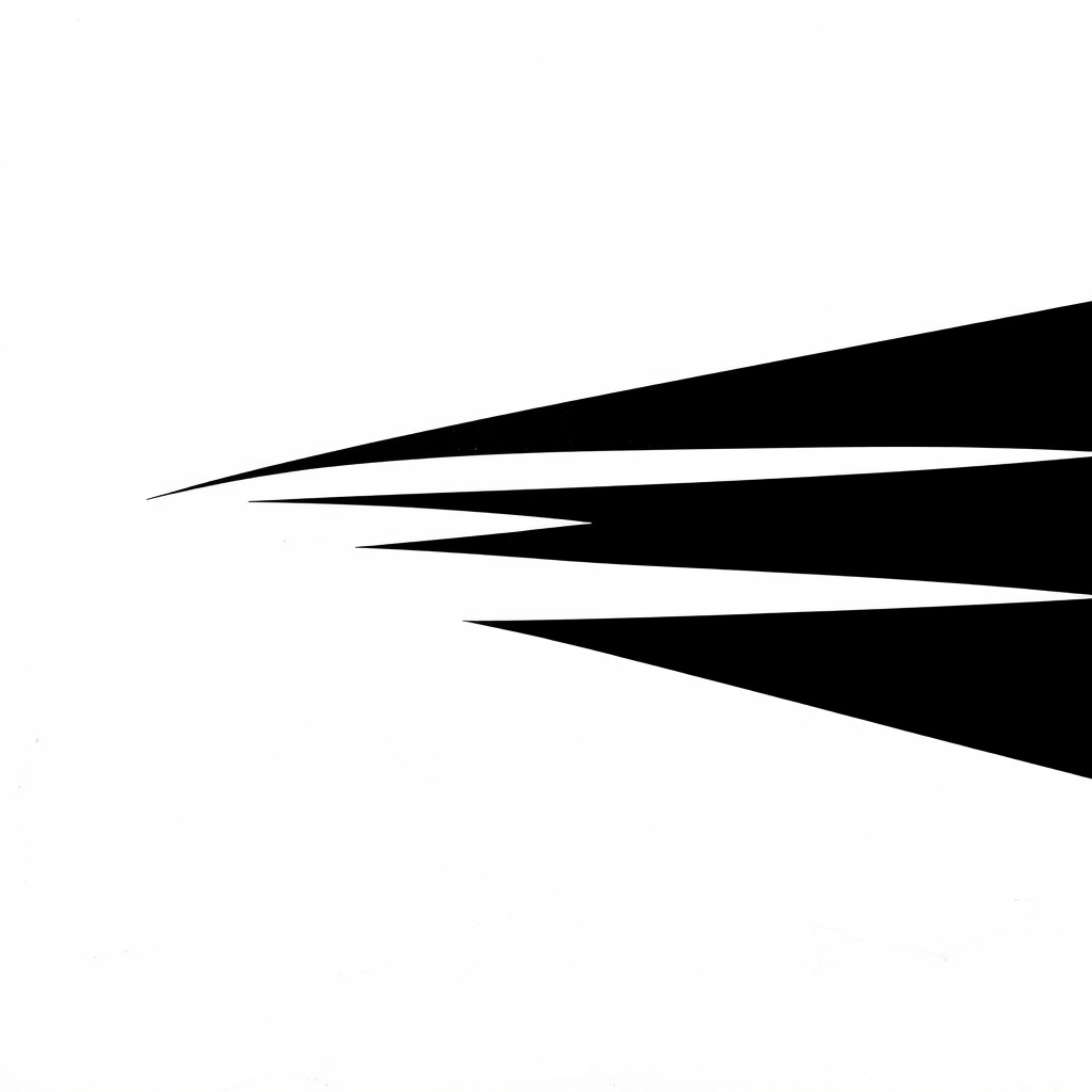 Create an abstract graphic of a jagged arrow pointing right, using bold black lines on a white background, with high contrast and sharp edges, captured in a digital format with a 50mm lens, f/2.8 aperture, high dynamic range, and a balanced exposure.