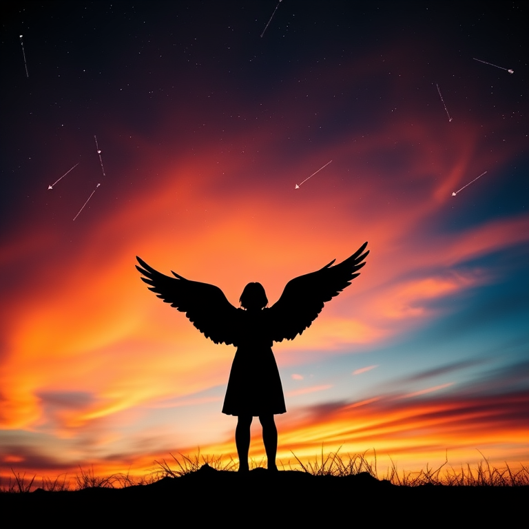 Create a silhouette of a figure with wings against a vibrant sunset sky featuring stars and shooting stars, using a DSLR camera with a 50mm lens, aperture set to f/1.8, ISO 200, and a low angle shot to enhance the dramatic effect.
