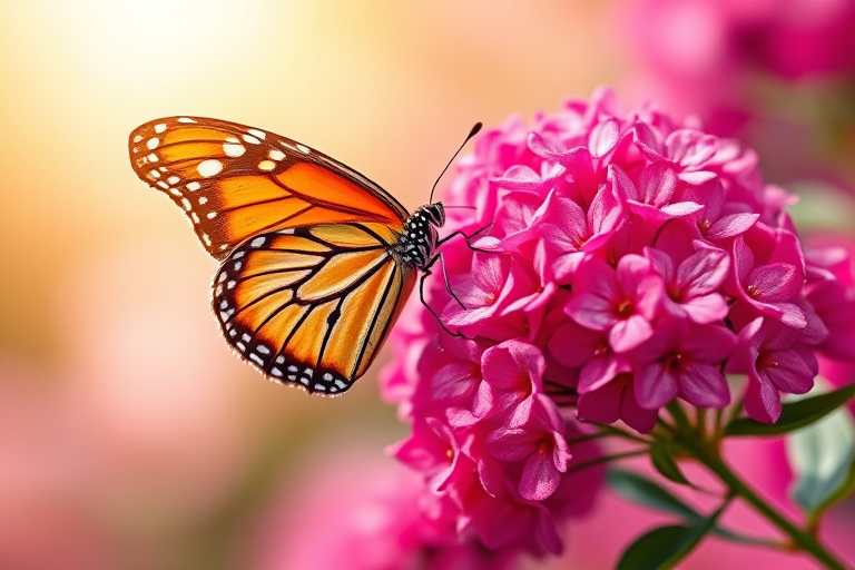 Generate an image of a butterfly resting on a vibrant cluster of pink flowers, with a soft, blurred background that suggests a warm, sunny day. The butterfly should display intricate patterns on its wings, highlighting shades of orange and brown, while the flowers are lush and full, adding a touch of nature's beauty to the scene.