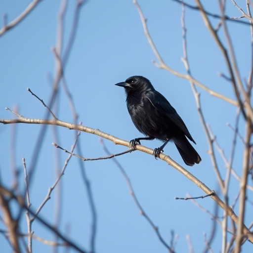 Capture a high-resolution image of a black bird perched on a branch among bare tree limbs against a clear blue sky, using a Canon EOS R5 camera, 85mm lens, f/2.8 aperture, ISO 200, shutter speed 1/500 sec, with natural lighting and a focus on the bird to enhance details.