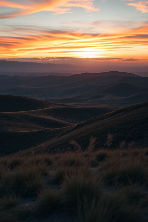 Generate an image of a serene landscape with rolling hills and a vibrant sunset sky, using a Canon EOS R5 camera with a 24mm f/1.4 lens, set at ISO 100, aperture f/11, shutter speed 1/125s, shot from a low angle to capture depth, in landscape orientation for enhanced detail and color saturation.
