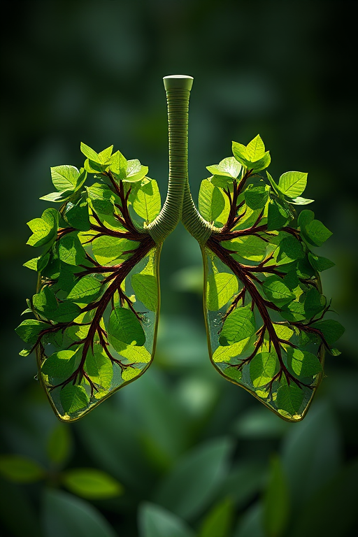Create a highly detailed 3D rendering of a pair of lungs made of lush green leaves and branches, using a Canon EOS R5 with a 50mm lens, aperture f/1.8, ISO 100, soft focused background and dramatic lighting to enhance the textures and depth.