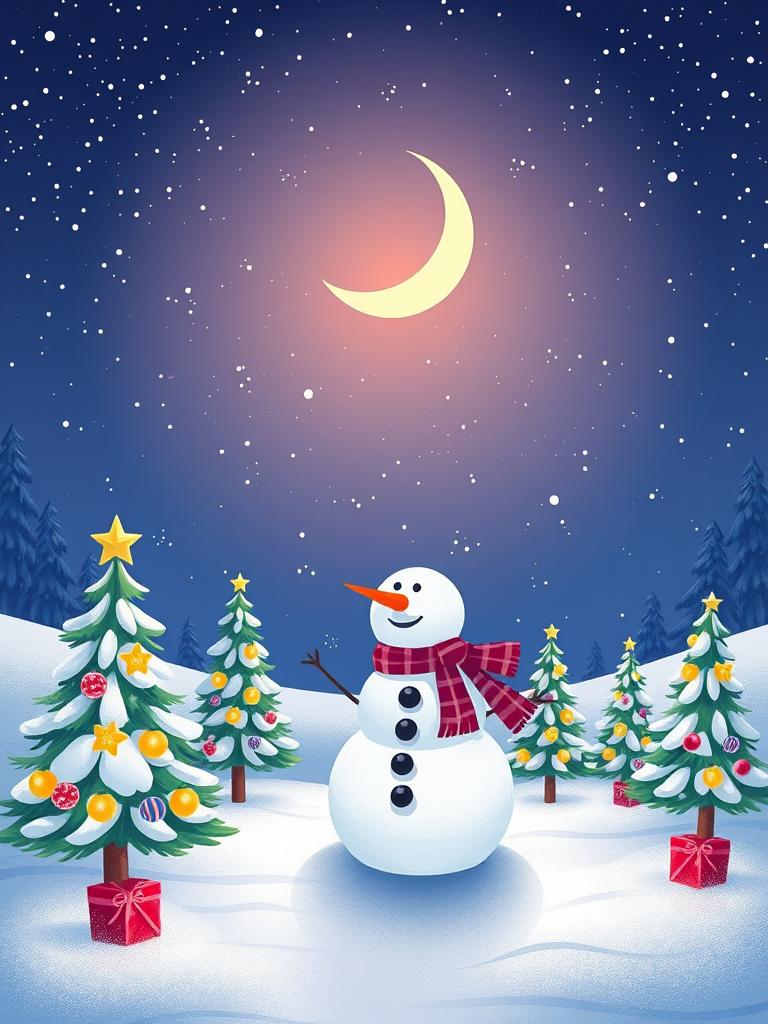 generate a digital illustration of a playful winter scene featuring a snowman and decorated Christmas trees under a starry night sky with a crescent moon, use a Canon EOS R5 camera with a 50mm lens at f/2.8, ISO 100, 1/60 sec shutter speed, in an artistic style with vibrant colors and clean lines for enhanced image quality
