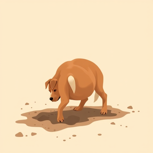 Create a digital illustration of a brown dog digging in the ground with its hind legs visible, using a clean minimalist style, captured in a flat perspective, with a warm color palette and smooth textures, using a digital drawing tablet for high detail and clarity.