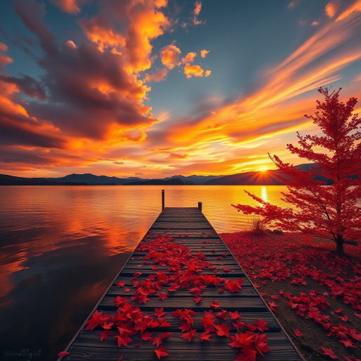 Create an image featuring a wooden dock extending into a serene lake at sunset. The sky is filled with dramatic orange, pink, and golden clouds as the sun sets behind distant hills, casting a beautiful reflection on the calm waters of the lake. The dock is strewn with vibrant red autumn leaves, and a strikingly red tree stands to the right, its leaves also glowing in the sunset light. The overall mood of the image is peaceful and warm, with the contrast between the fiery sky and calm waters enhancing the beauty of the scene.