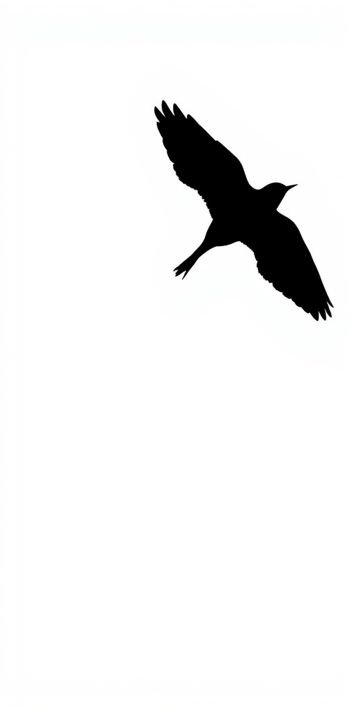 Create a high-resolution image of a minimalistic black silhouette of a bird in flight against a white background, using a DSLR camera with a 50mm lens, aperture set to f/2.8, ISO 100, and a shutter speed of 1/250 sec for sharp detail.