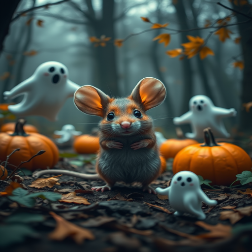 create an enchanting Halloween scene featuring a whimsical mouse surrounded by friendly ghosts in a misty forest with autumn pumpkins, soft focus, ISO 200, aperture f/4, 50mm lens, shot from eye level using a digital camera