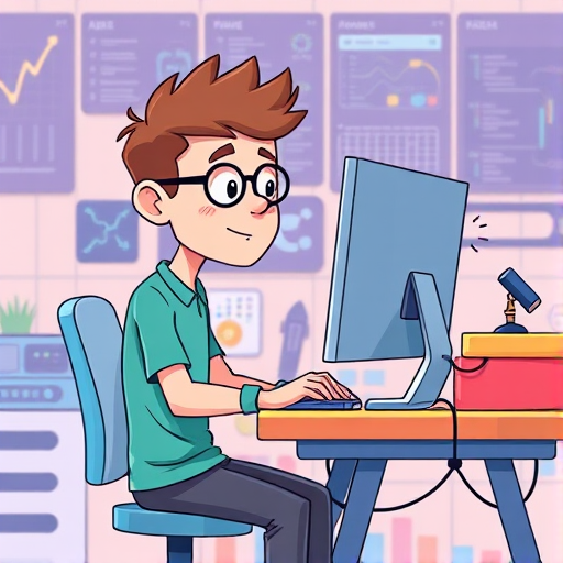 Create an illustration of a junior programmer sitting at a desk, using a computer, surrounded by programming-related icons and graphics, in a cartoon style with a soft pastel color palette, using a Canon EOS R5 camera, f/2.8 aperture, 50mm lens, ISO 100, and a vibrant, detailed background, emphasizing depth of field and clarity.